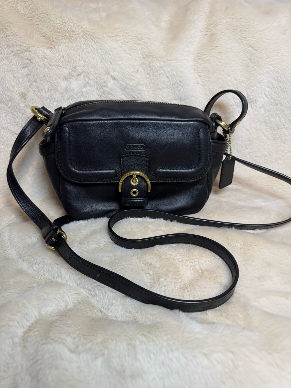 Coach Black Leather Crossbody with Gold Buckle from Campbell Collection